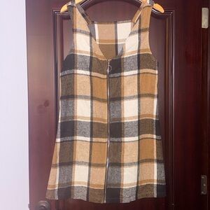 SHEIN Plaid Zip-Front Tank Dress in Brown and Cream
